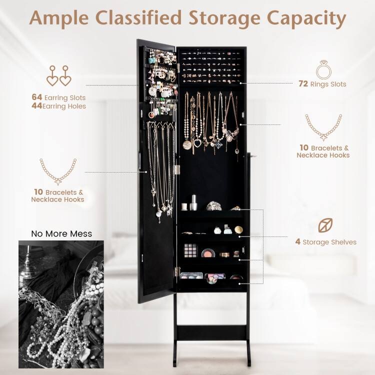 Mirrored Standing Jewelry Cabinet Storage Box - 13" x 14.5" x 56" (L x W x H)