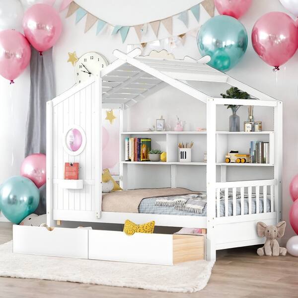 slide 2 of 13, Twin Size Wooden House Bed Kids Bed with 2 Drawers and Storage Shelf White