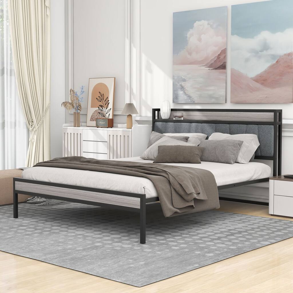 Queen Size Metal Platform Bed Frame with Upholstered headboard ，Sockets, USB Ports and Slat Support