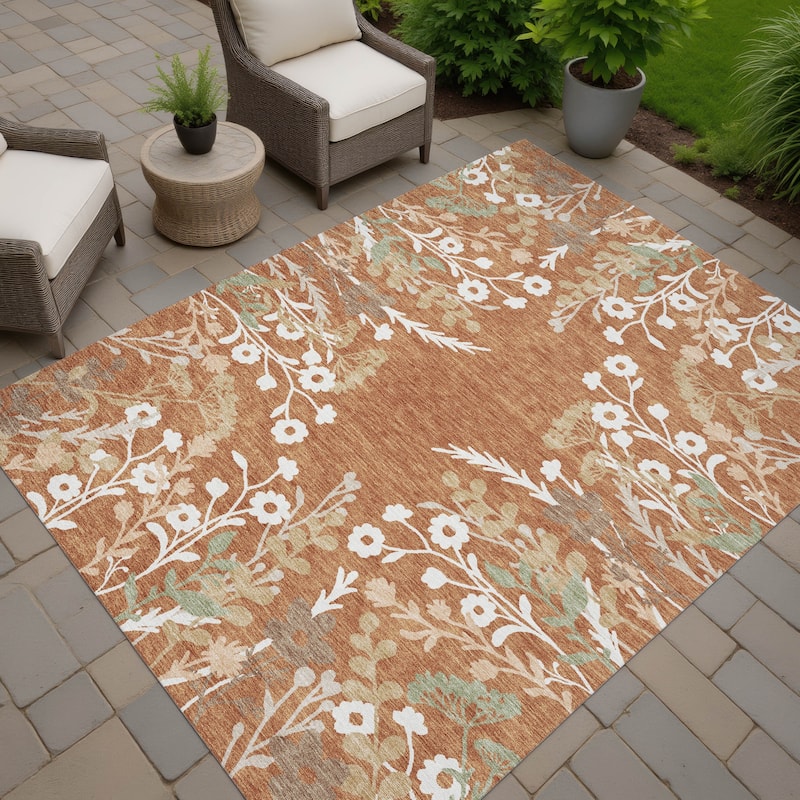 Machine Washable Indoor/ Outdoor Floral Border Chantille Rug - Paprika - 3' x 5'