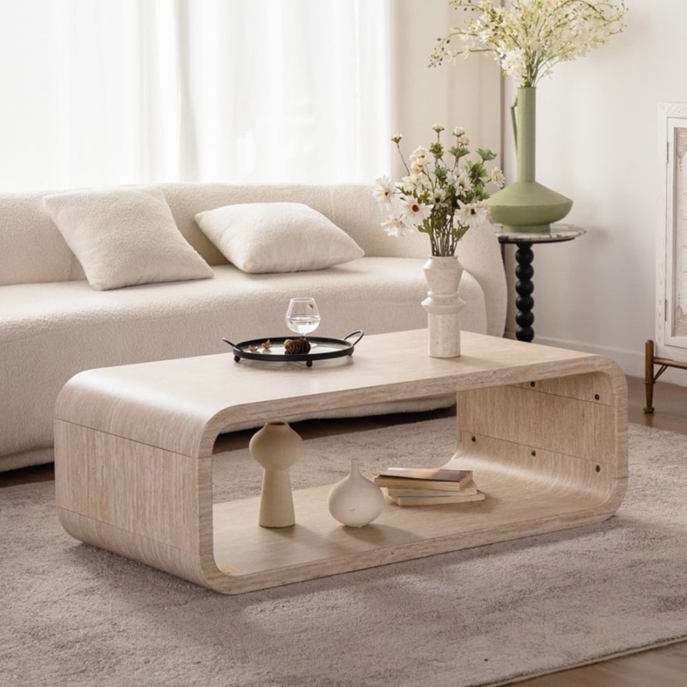 Open-Frame Elegant Curved Light Wood Coffee Table with Open Storage