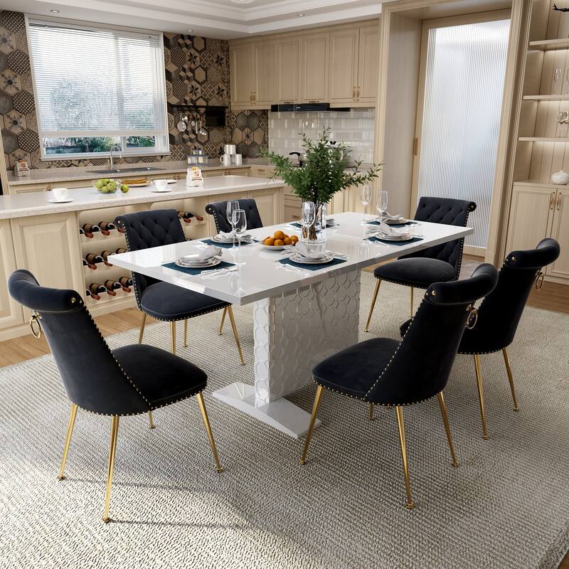 7-Piece Clihome High-gloss Extendable Table Velvet Chair Dining Set - Black