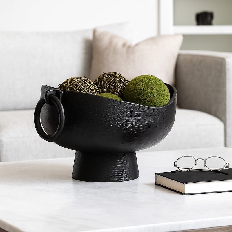 Sculptural Round Textured Decorative Bowl with Ring Handles - 9" Black - 16.0"