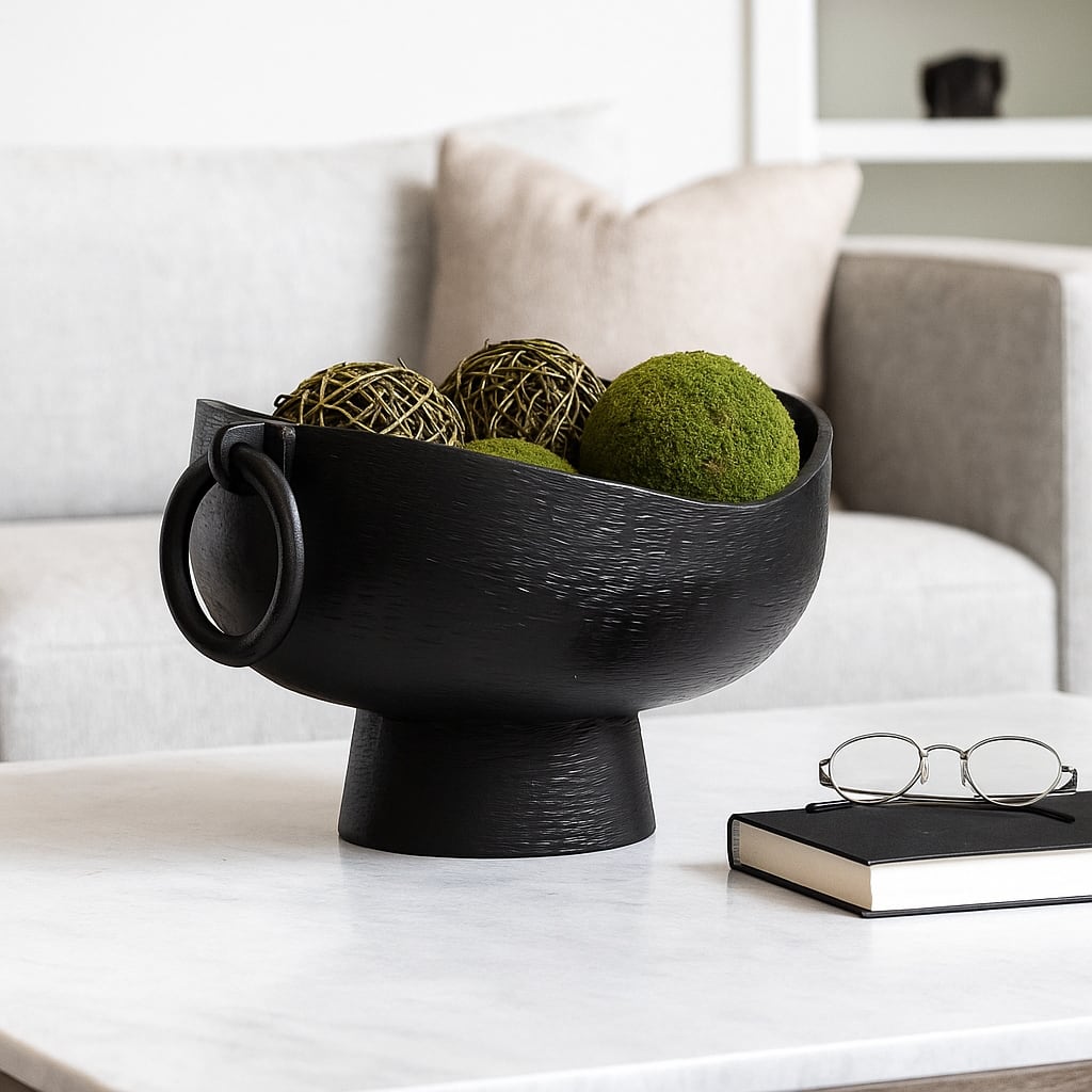 Sculptural Round Textured Decorative Bowl with Ring Handles - 9" Black - 16.0"