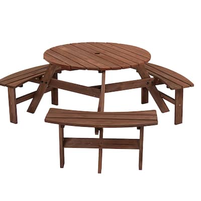 6 Persons Outdoor Round Wooden Picnic Table with 3 Built-in Benches