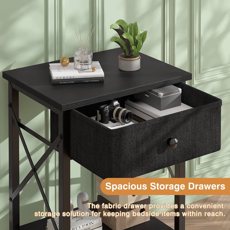 VECELO X Frame Nightstand with Removable Fabric Drawer Easy to Clean Nightstand Multifunctional End Table with Open Shelf