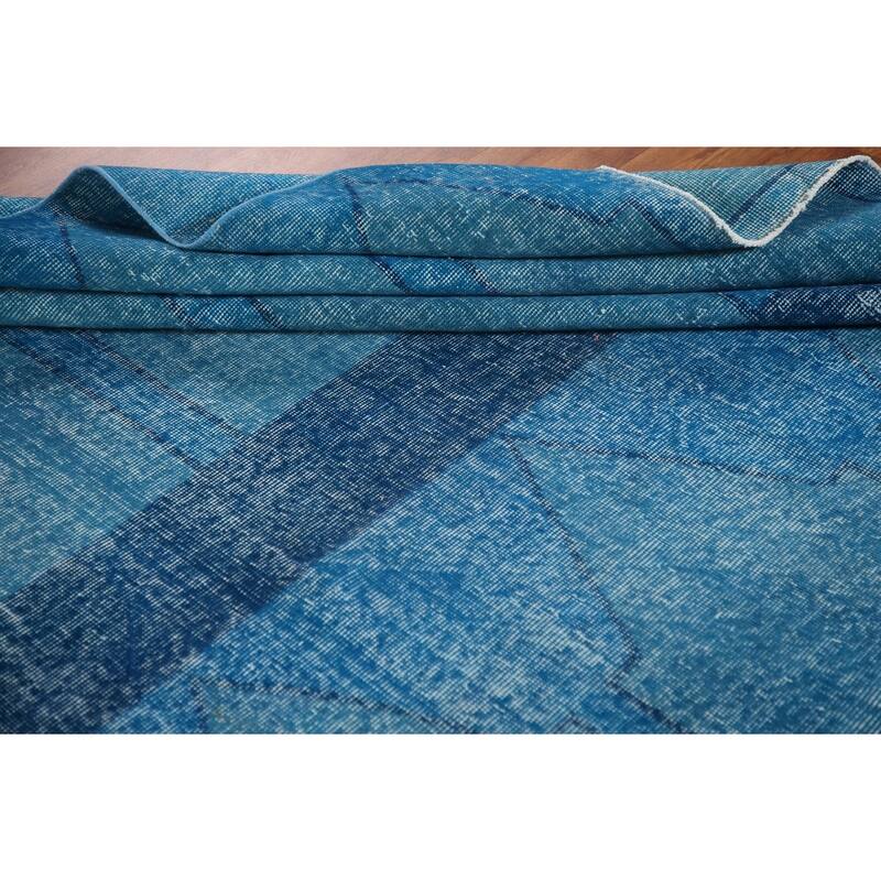 Over-Dyed Blue Anatolian Distressed Vintage Rug Handmade Wool Carpet - 7'10" x 14'0"