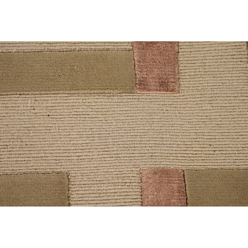 Geometric Beige Nepalese Oriental Area Rug Hand-Knotted Wool Carpet - 9'1" x 12'1"