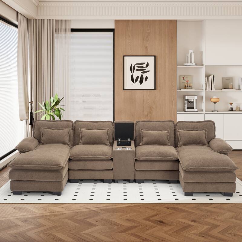 U-shaped Sectional Sofa Chenille Fabric Doudle Layer Cushion with USB Central Console