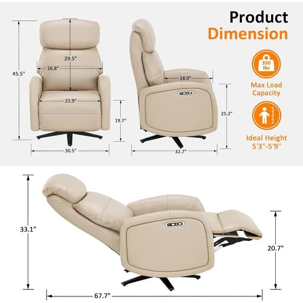 dimension image slide 1 of 3, MCombo Dual Motor Power Recliner Chair for Adults, Modern Faux Leather Electric Swivel Recliner with USB Charging