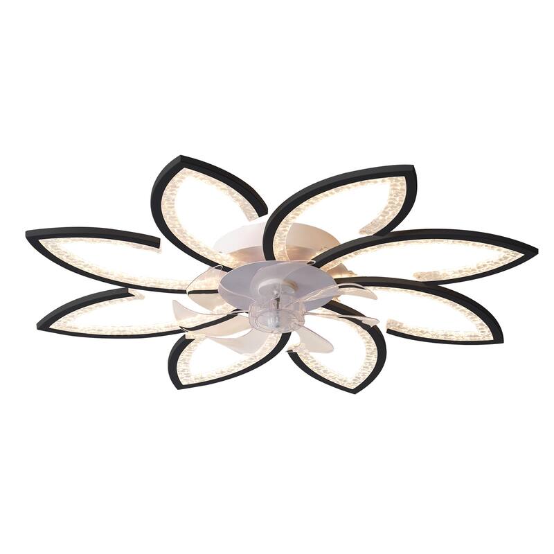 31 Inch Low Profile Ceiling Fan with Lights and Remote Control, Cartoon Petal Ceiling Fan Lights with Reversible Blades - Black