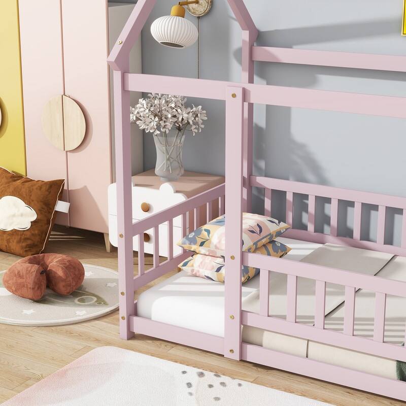 Twin Size Wooden House Floor Bed with Roof, Safety Guardrails