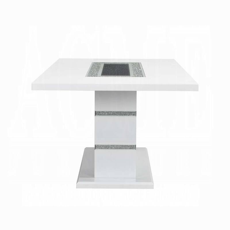 Zav Dining Table, 79 Inch Rectangular Top, White Gray Pedestal Base - Gray, White, Silver, Black