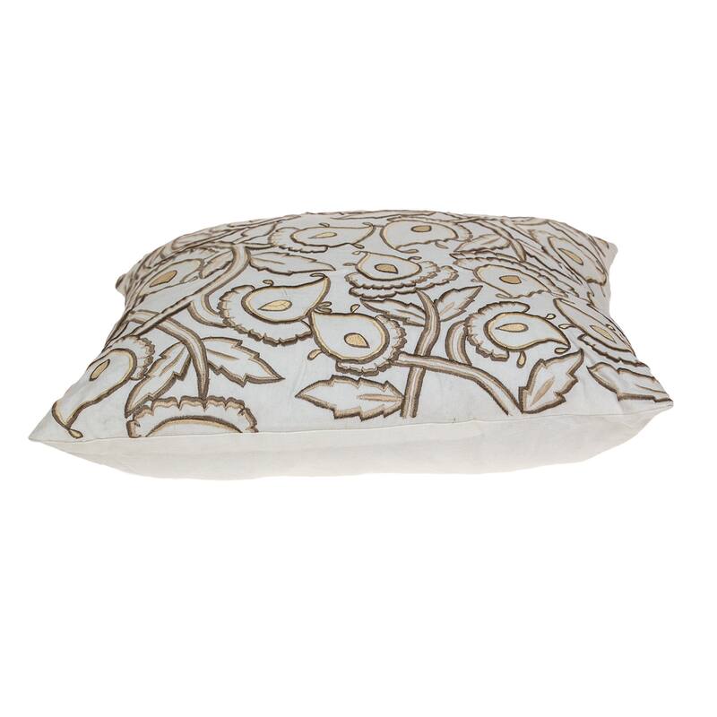 22" Brown and White Cotton Throw Pillow with Embroidery