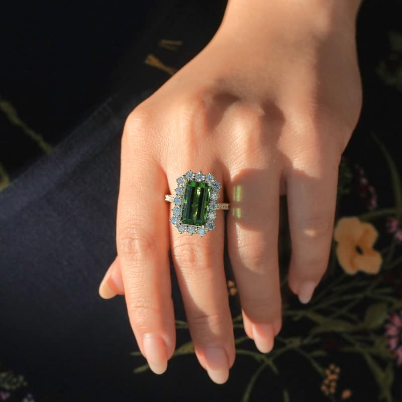 Kobelli 9.66 Carats Green Tourmaline & White Diamond 14k Solid Gold Elongated Emerald-cut Rococo Halo Elizabeth Ring