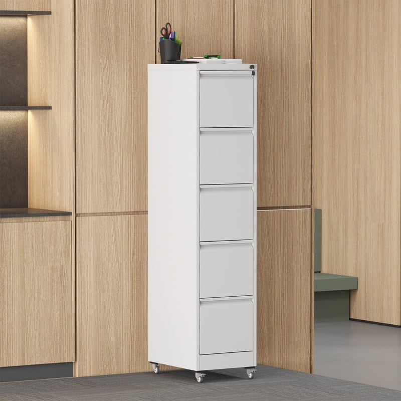 Metal 5 Drawer Vertical File Cabinet with Lock on Wheels for Home Office - White