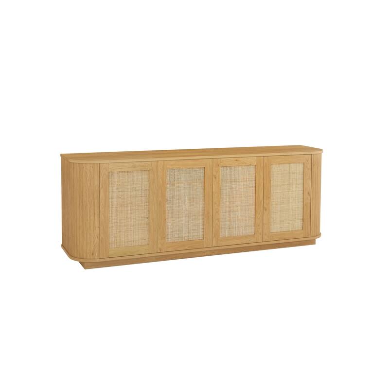 64-inch wave shaped TV stand, rounded corner sideboard, storage cabinet, buffet, wood vertical striped cabinet with rattan doors