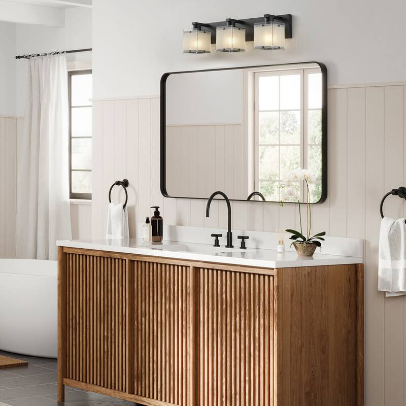 Matte Black 3-Light Bathroom Vanity Lighting with Rectangular Frosted Glass Shades