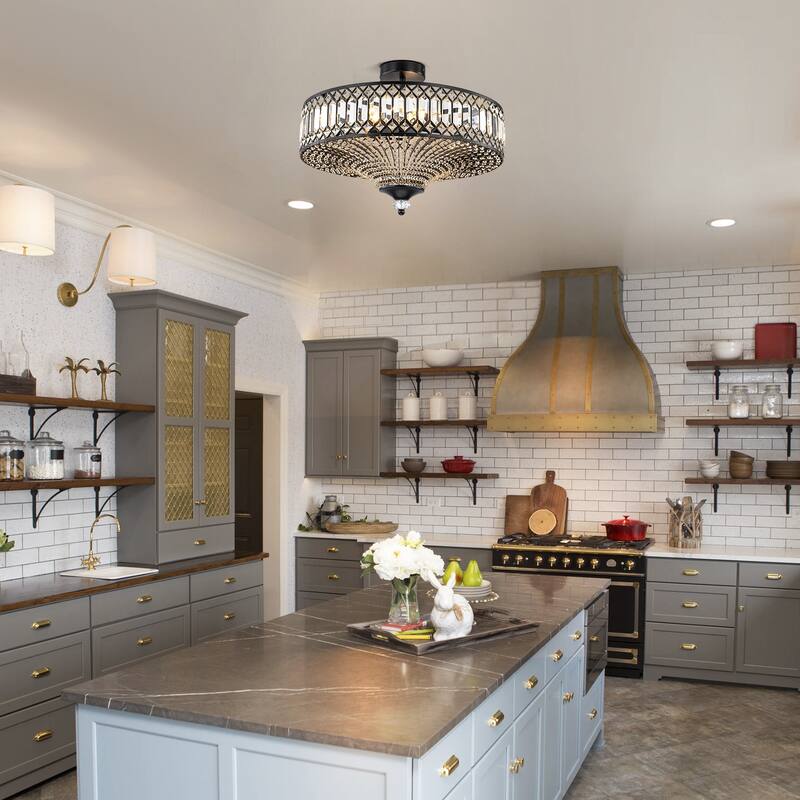 6 Light Matte Black Crystal Semi Flush Mount Ceiling Light Fixture - W19.6"