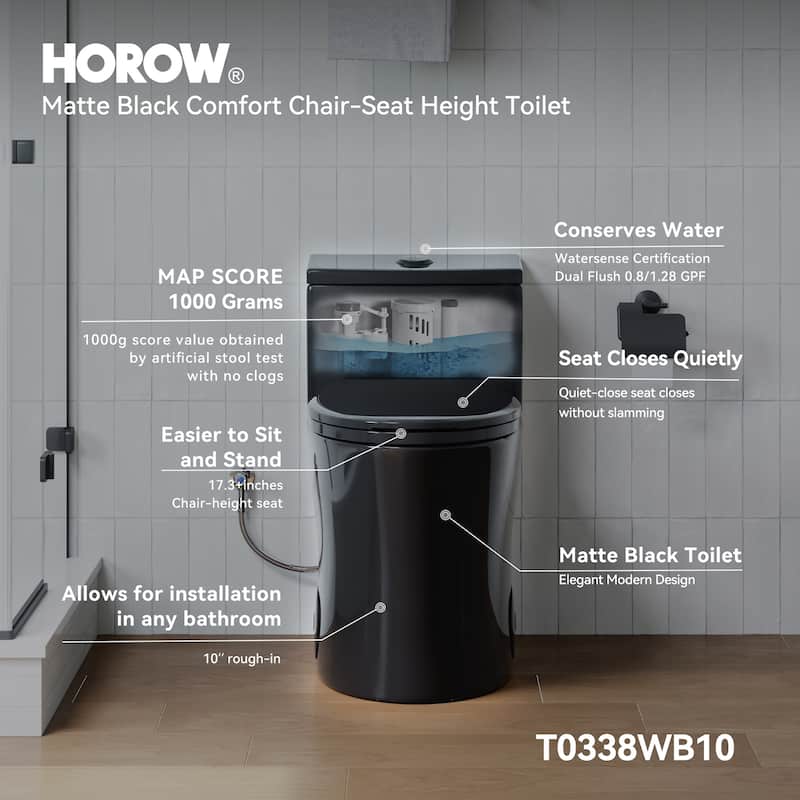 HOROW 1 Piece Dual Flush Elongated Toilet Matte Black 0.8 1.28 GPF Soft Close Seat Included - N/A