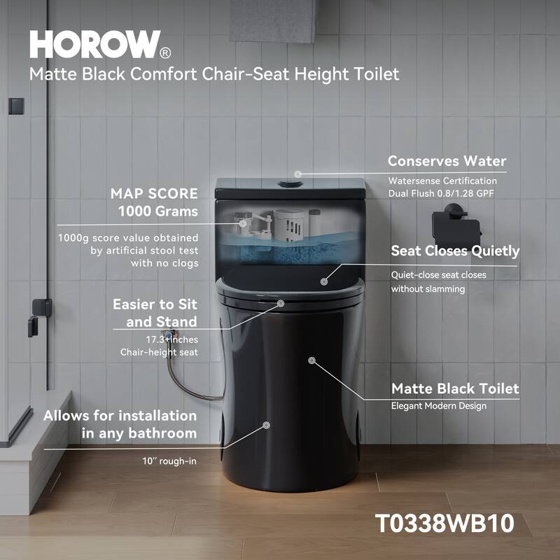 HOROW One Piece 0.8/1.28 GPF Dual Flush Elongated Matte Black Toilet with Soft Close Seat - N/A