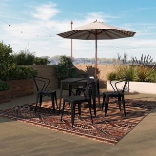 All-Weather Resin Top Square Table & 4 Metal Chairs with Faux Wood Seats