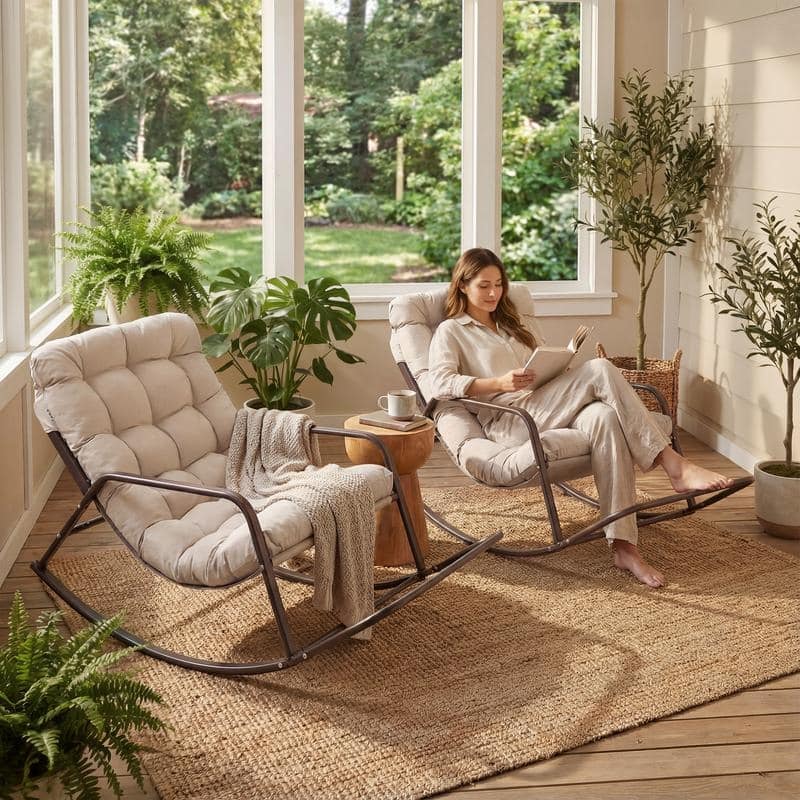 Oversized Papasan Rocking Lounge Chair with Footrest, Heavy-Duty 450lbs Metal Frame, Indoor Outdoor Patio Rocker with Cushion