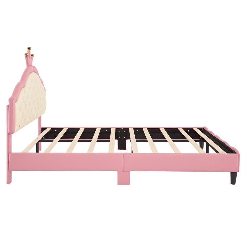 Roomfitters Twin/Full Size Upholstered Princess Bed with Crown Design, Elegant PU Leather Platform Bed with Tufted Headboard