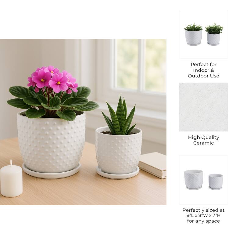 Decorative Round Ceramic Planter with Saucer - Set of 2