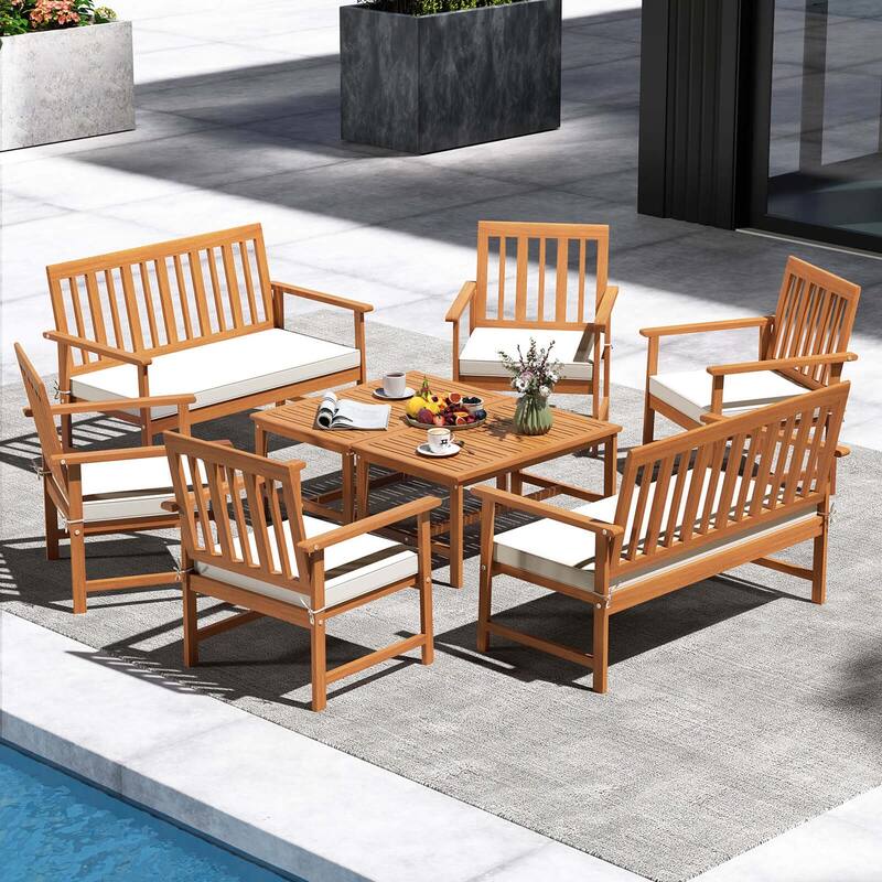 Costway 4/8 PCS Acacia Wood Furniture Set Coffee Table & 2 Armchairs