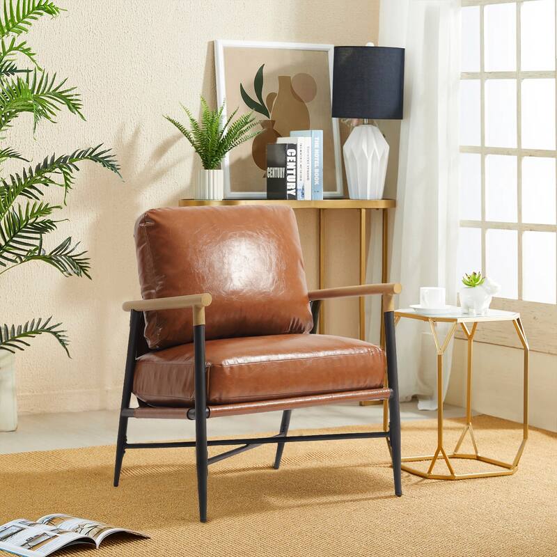 Anis 27'' W Vegan Leather/ Chenille X Base Metal Frame Accent Chair - Brown