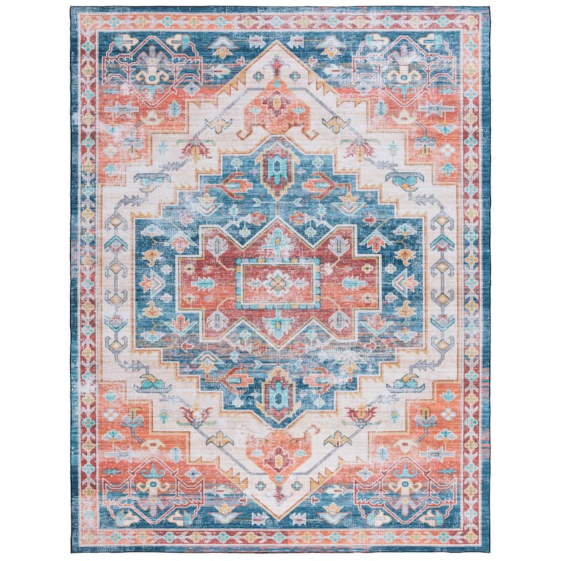 SAFAVIEH Tucson Machine Washable Slip Resistant Janeta Oriental Medallion - 10' x 14' - Blue/Rust - Rectangle