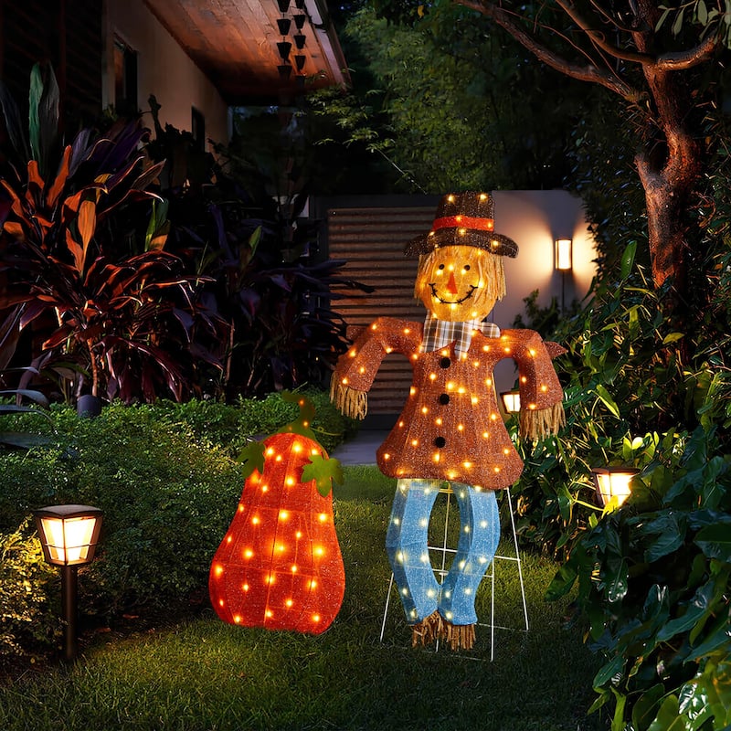 Glitzhome 4ft Set of 2 Lighted Fall Scarecrow & Pumpkin Outdoor Yard Decor