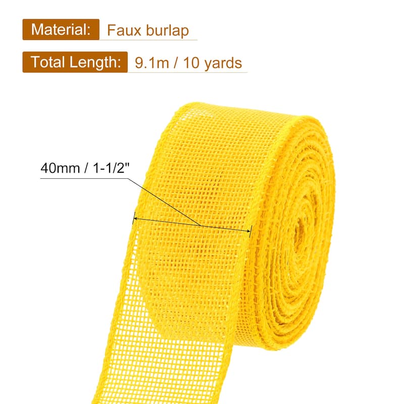 Burlap Wired Ribbon, 10 Yards Fabric Ribbon Roll - Yellow - 1.5"