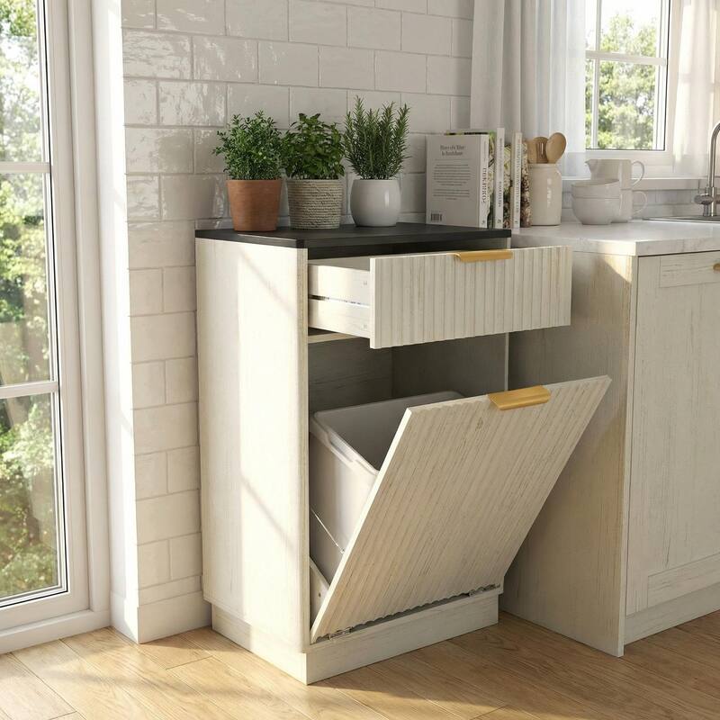 Homy Casa Farmhouse Double Tilt-Out Trash Cabinet, 20/10 G Recycling Bin, Barn Door Laundry Sorter with Drawer, Kitchen Tilt Out - Ancient White