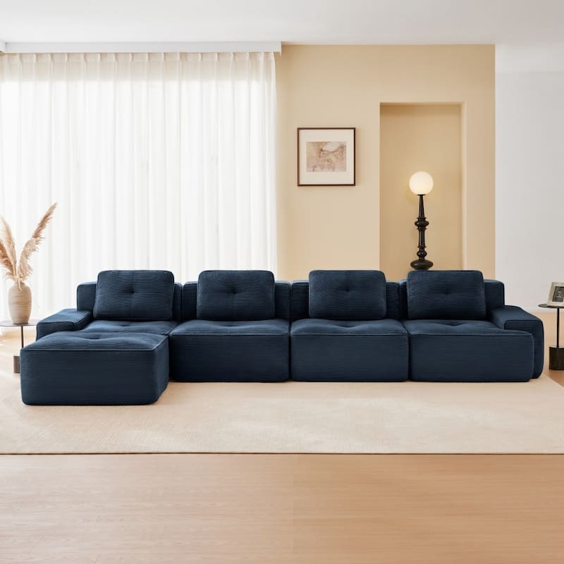 L-Shaped Premium Modular Corduroy Sectional Sofa with Movable Ottoman - Blue
