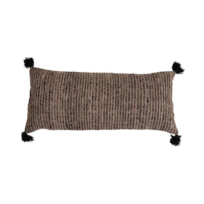 Woven Cotton Striped Lumbar Pillow with Chambray Back and Tassels