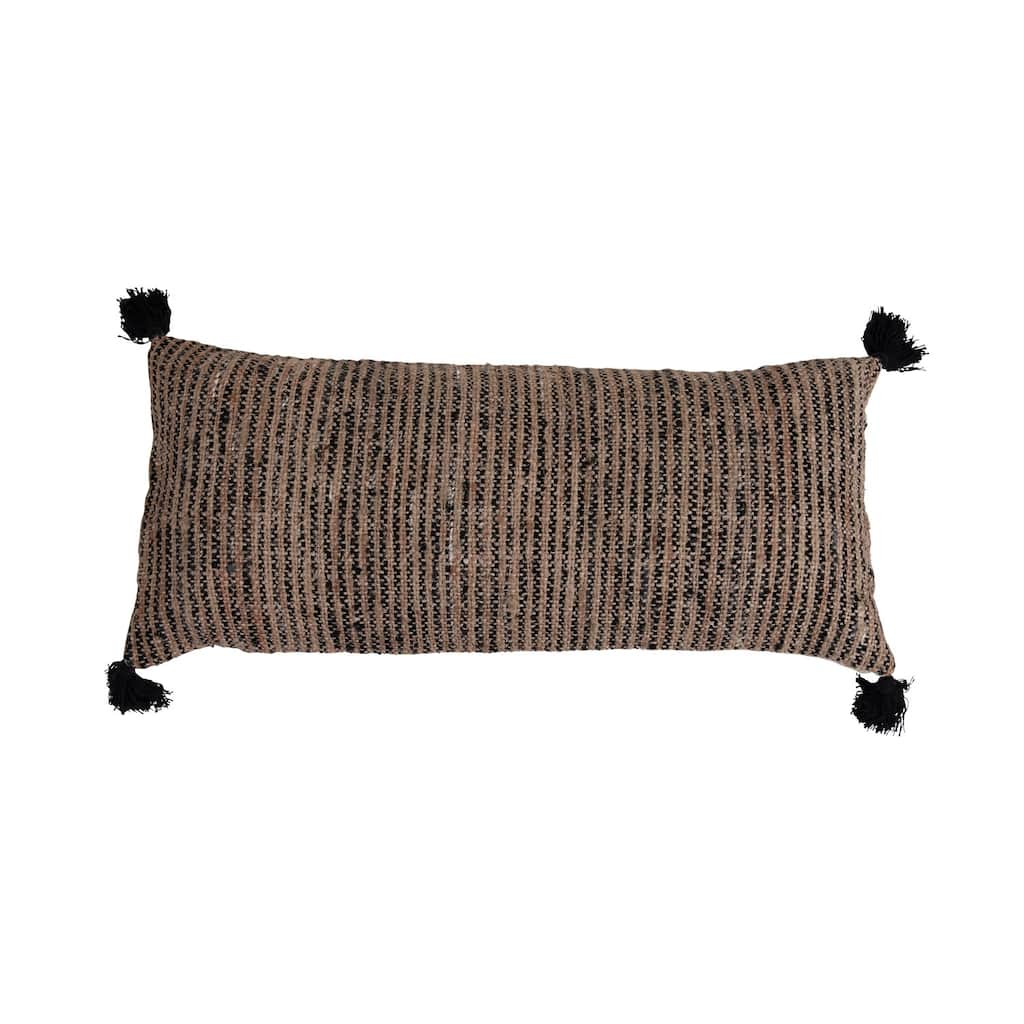 Woven Cotton Striped Lumbar Pillow with Chambray Back and Tassels