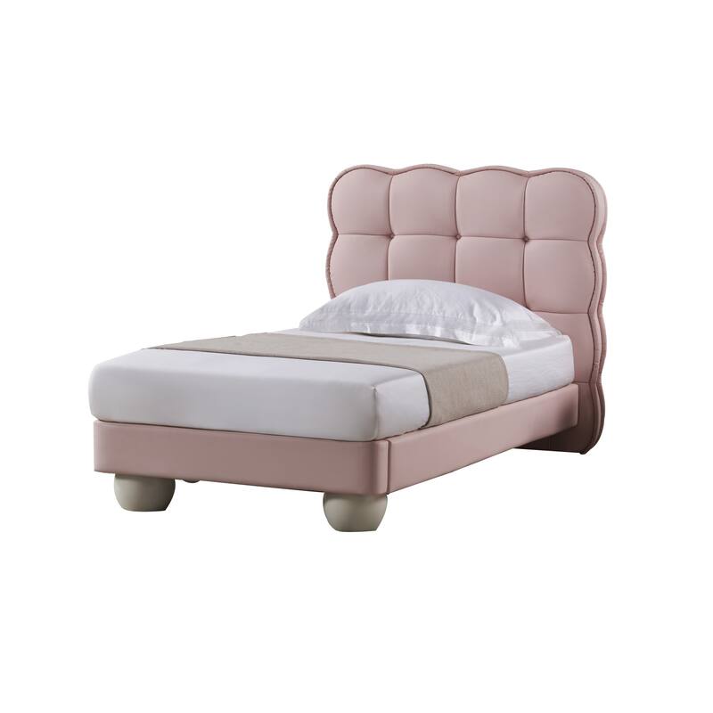 Jeny Queen Size Bed, Pink Leather Upholstered Tufted Headboard, Wood