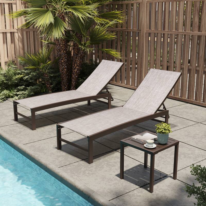 VredHom Outdoor Aluminum Adjustable Chaise Lounge Chairs and Side Table Set - 60.4 in L * 24.6 in W * 16.1/40.8 in H - Beige-with Aluminum Table