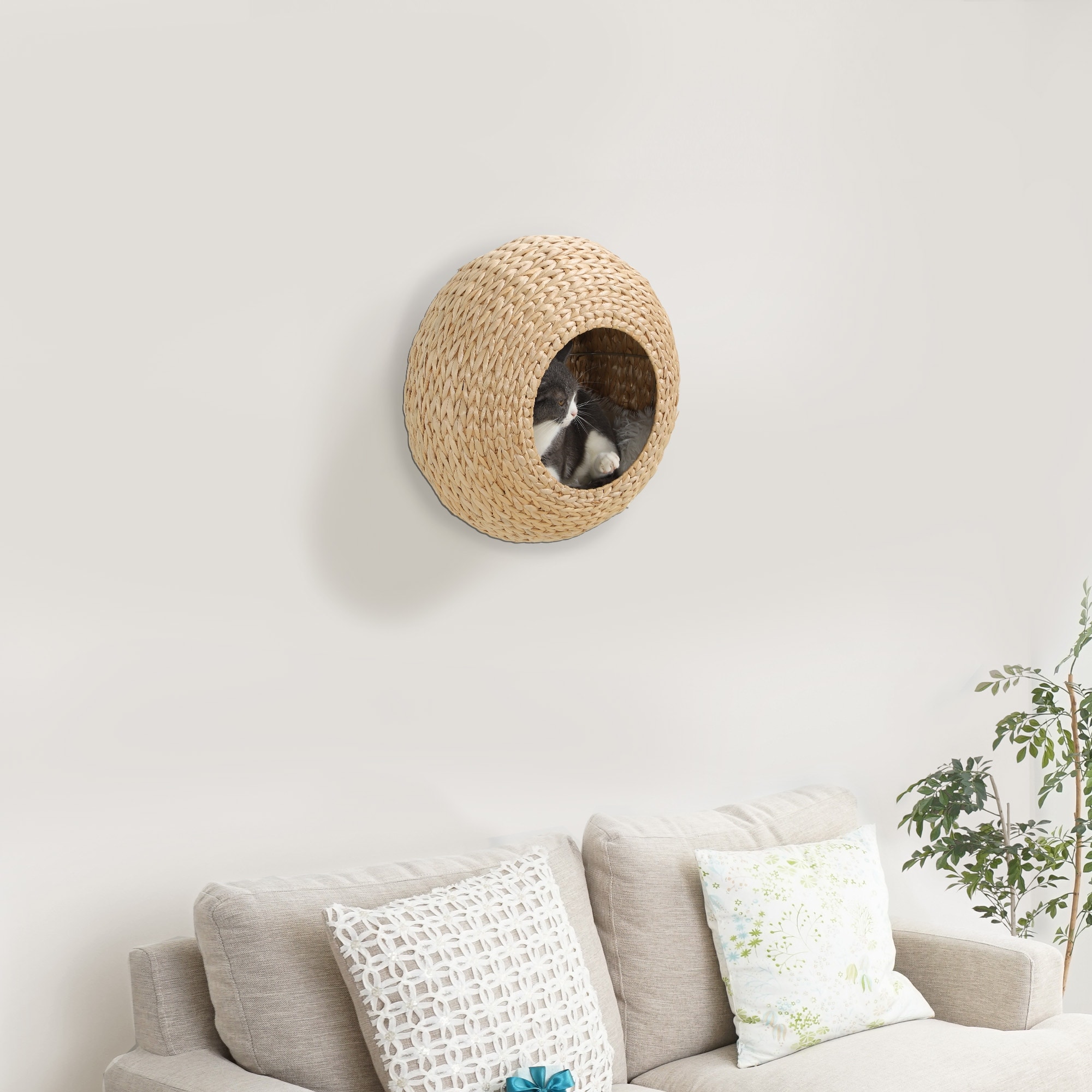 PawHut Wall Mounted Cat Condo with Washable Cushion, Nature Wood