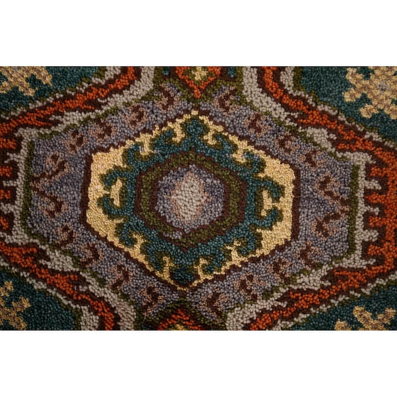 Green Geometric Kazak Indian Runner Rug Hand-Knotted Wool Carpet - 2'5"x 9'9"