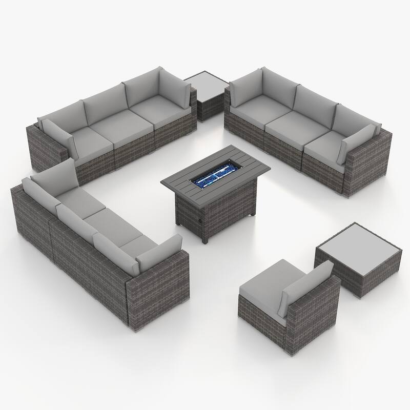 13 Piece Wicker Set Patio Sofa Furniture with Fire Pit And Table