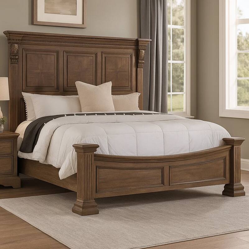 Reven Queen Bed, Weathered Oak Solid Wood, Intricate Carved Details