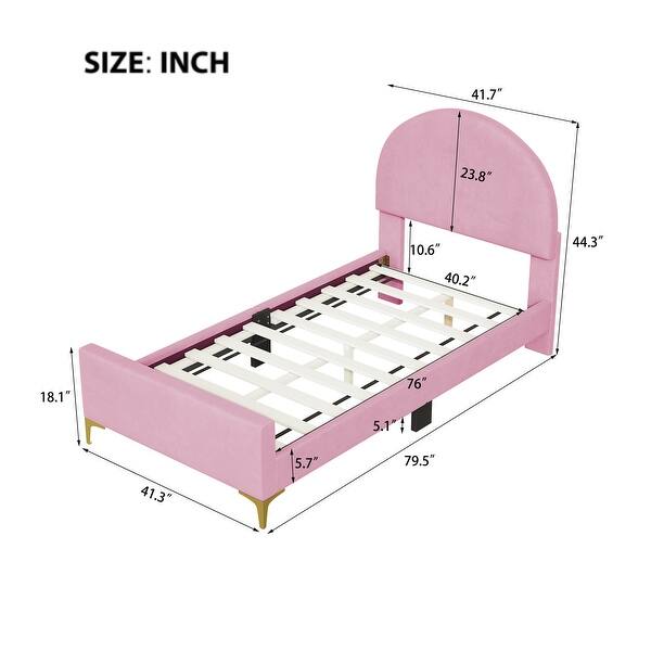 dimension image slide 4 of 6, Clean-Lined Platform Bed Mental Legs Low Profile Bed Velvet Upholstered Bed Frame with Semi-Circle Headboard Mattress Holde