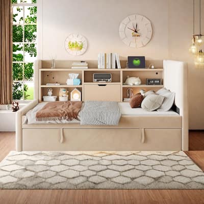 Twin Size 2-in-1 Trundle Daybed with Storage and Charging Station,Built-in Shelves & Flip-Top Compartment