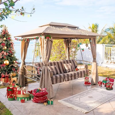 PURPLE LEAF 3 Person Outdoor Patio Porch Swing Gazebo with Netting & Gazebo Curtains with Canopy Swings for Adults - 3 person