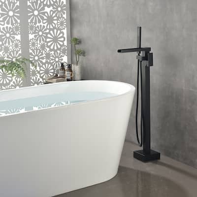 Matte Black Waterfall Floor Mounted Tub Filler with Hand Shower