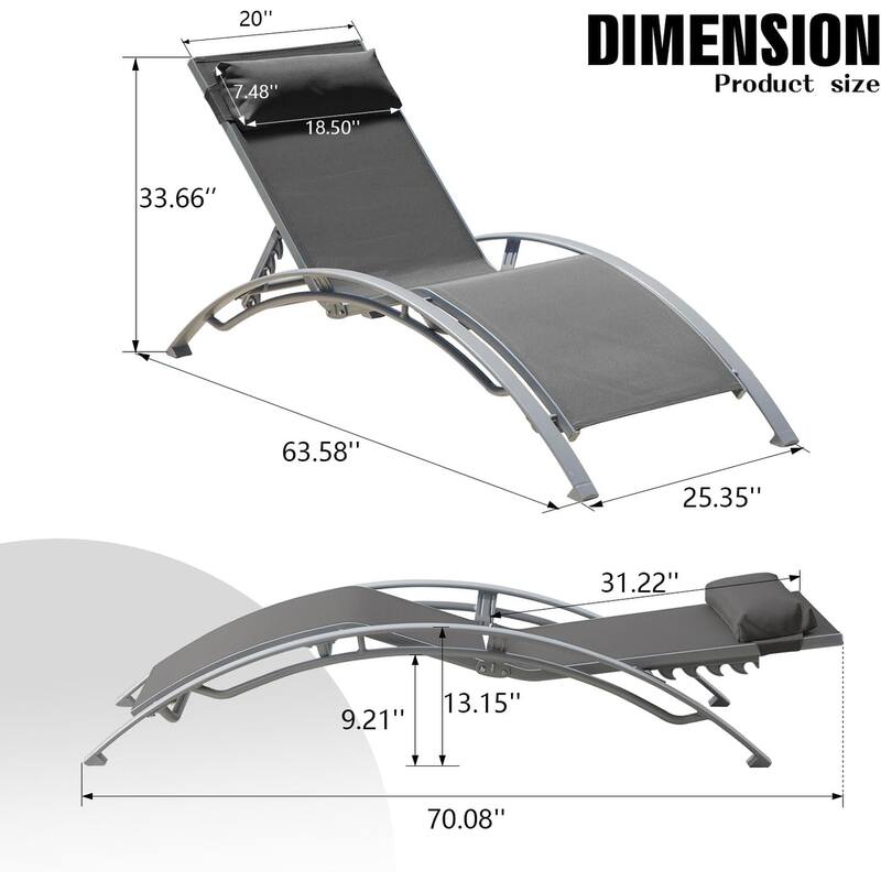 Curved U-Shaped Adjustable Outdoor Reclining Chair Set of 2 with Detachable Pillow, Rustproof Chaise Lounge Chairs