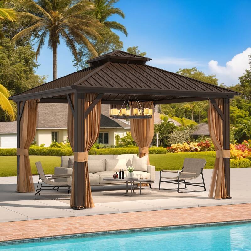 Erommy Hardtop Gazebo with Galvanized Steel Double Roof & Aluminum Frame, Outdoor Gazebo with Curtains and Nettings - 12' x 12'